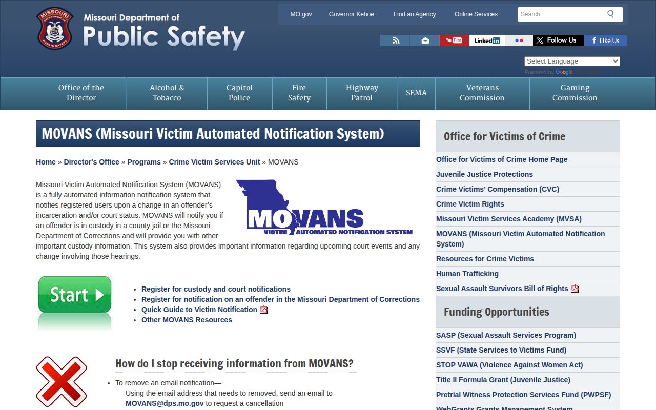Chariton County 24-hour release MOVANS custody-change notification overview